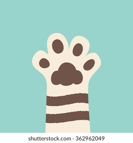 white and black stripes kitten paw. isolated on brown background, simple cartoon flat style, vector illustration art.