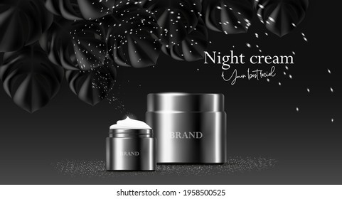 White and black stylish poster with 3d cream jar and palm tropical leaves hanging from the air with shiny sparkles in moon light