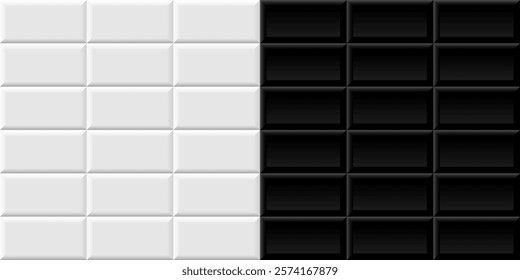 White and black subway tile background. Metro brick horizontal pattern for kitchen, bathroom or outdoor architecture. Glossy interior design tiled material. Realistic vector illustration.