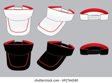 White And Black Sun Visor Cap Design Red Piping And Snap Back Strap Vector.