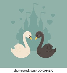 White and black swans in love. Fairy tale concept. Vector illustration