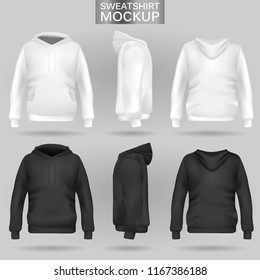 White and black sweatshirt hoodie template in three dimensions: front, side and back view, realistic gradient mesh vector. Clothes for sport and urban style