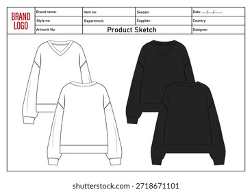 Weiß und schwarz Sweatshirt technische Zeichnung Vektorgrafik Vorlage vorne und hinten