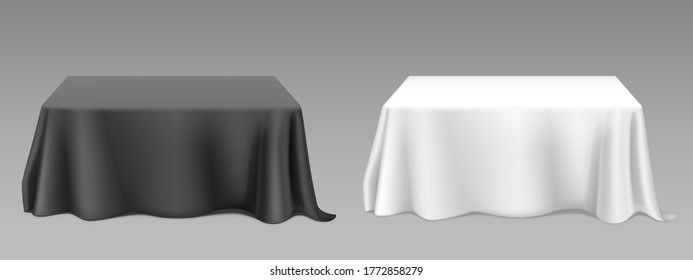 White black tablecloth on square tables. Vector realistic mockup of empty dining desk with blank linen cloth with drapes for banquet restaurant, holiday event or dinner. Template with fabric cover