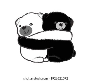White and black teddy bears hugging on white background. Vector illustration.