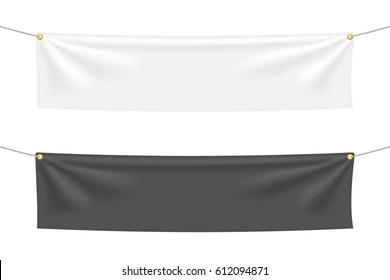 White and black textile banners with folds. Blank hanging fabric template set. Graphic design elements for advertising, web site, flyers, posters, sale announcement. Empty mockup. Vector illustration