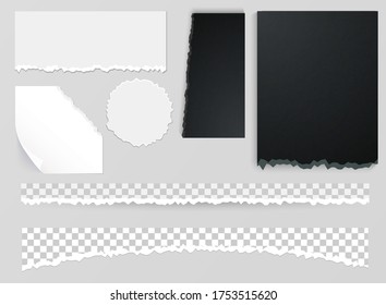 White and black torn paper tears pieces collection isolated. 
Torn paper edges, seamless horizontally. Realistic set vector illustration