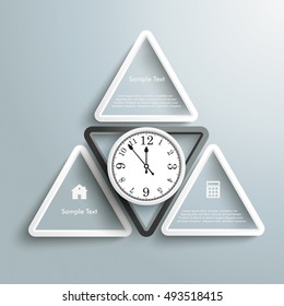 White and black triangles with a clock on the grey background. Eps 10 vector file.