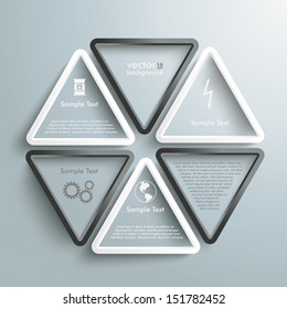 White and black triangles with white ring on the grey background. Eps 10 vector file.