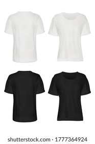 Camisetas blancas y negras. Juego de plantilla de ropa de camiseta de manga corta masculina aislada en blanco. Vistas frontales y posteriores de la colección de maquetas de las camisetas masculinas. Diseño de burla de ropa de moda informal vectorial