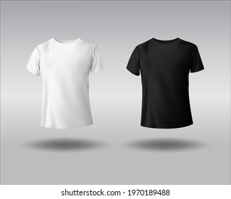 White  and black t-shirt mockup. Sport blank shirt template front view, men and women fashion clothing realistic uniform for advertising textile print Editable vector illustration 