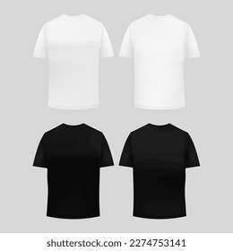 Plantilla de maqueta de camisetas blancas y negras. Vestimenta unisex y vista frontal para el uso diario y los deportes con diseño de calidad y algodón vectorial