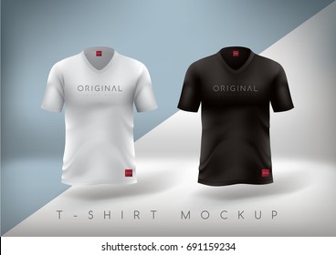 White and Black t-shirt realistic mock up.T-shirt design slim-fitting with V-neck. Vector illustration