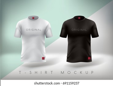 White and Black t-shirt realistic mock up.T-shirt design slim-fitting with round neck. Vector illustration