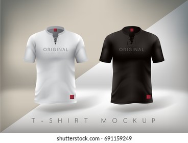 White and Black t-shirt realistic mock up.T-shirt design slim-fitting with retro-themed neck. Vector illustration