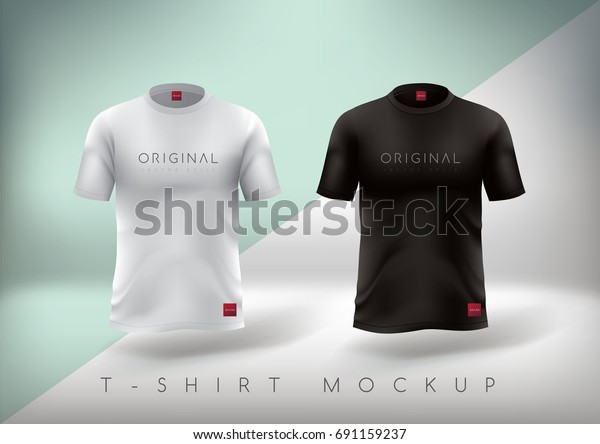 白と黒のtシャツのリアルなモックアップ Tシャツのデザインは 首が丸いスリムフィット ベクターイラスト のベクター画像素材 ロイヤリティフリー