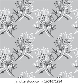 white and black twigs with inflorescences and leaves on a gray background, vector illustration line, for the design of wallpaper, textile and paper
