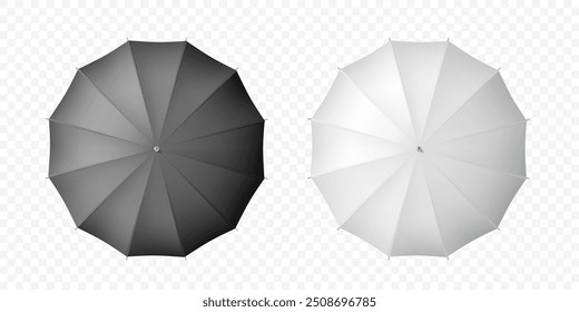 White and black umbrella mockups. Top view. Isolated on transparent background. Stock vector template