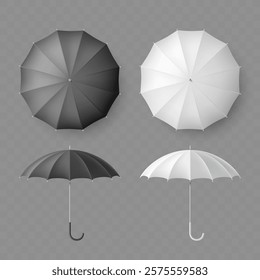 White and black umbrella mockups. Top and side views. Isolated on transparent background. Vector template