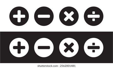 White and black vector icon of plus minus multiply and divide sign symbol set for application and website of calculation concept.