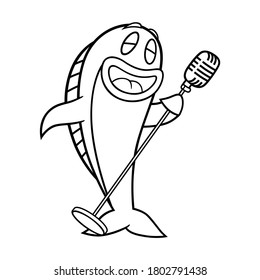 White and black vector illustration of a fish, like a cartoon style character. The fish is singing, is very happy and is using an old micro with retro look. Usable like logo, symbol or similar thing.