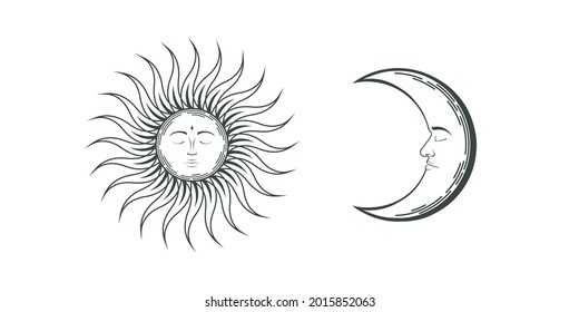White and black vector isolated sketch tattoo sun and moon with faces. Mystical retro illustration in boho style