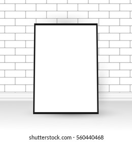 White and black vector mockup poster in the interior design, white brick wall on the background