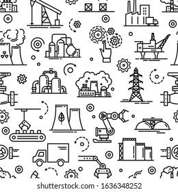 White and black vector seamless industrial pattern. An industrial seamless background for booklets or a site consisting of linear icons on the theme of industry and production. 