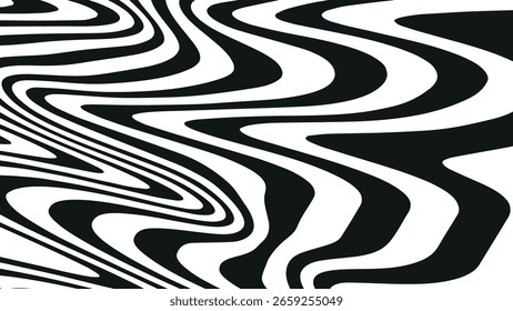 Fondo de onda de Vertical blanco y negro en estilo psicodélico abstracto de los años 70 con curvas vintage fluidas, perfecto para el arte pop, gráficos de moda, carteles de música y gráficos de marca retro