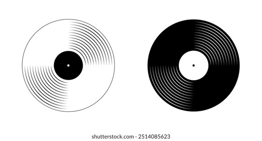 White and black vinyl record icons. LP or long play music discs isolated on white background. DJ equipment for techno club party or 70s 80s discotheque nostalgia concept. Vector graphic illustration.