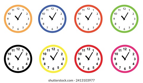 White and black wall office clock icon set. Vector design template portrait. Mock-up for branding and advertising isolated on transparent background.colorful watches