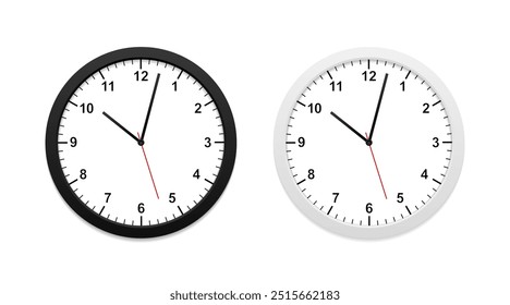 White and black wall office clock icon set. Decor and interior elements on copy space. Realistic style illustration wall clock on white background. Vector illustration