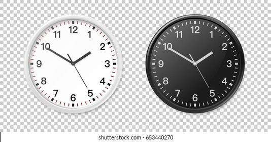 Белый и черный настенные офисные часы значок набор. Шаблон дизайна крупным планом в векторе. Мак-ап для брендинга и рекламы изолированы на прозрачном фоне.