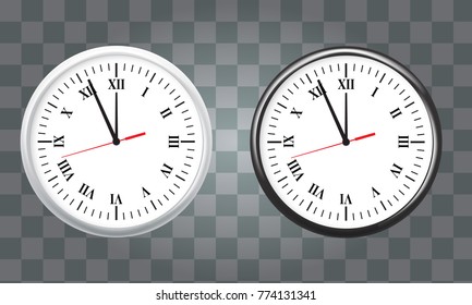 White and black wall office clock icon set. showing five minutes to twelve. For new year concept.