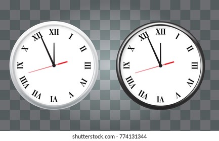 White and black wall office clock icon set. showing five minutes to twelve. For new year concept.