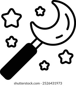 A white and black wand with a star on it. The wand is pointing to the moon. The stars are scattered around the moon