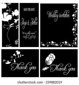 White and black wedding invitation card set with hand drawn flowers