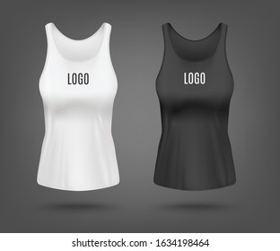 White and black women's tank top mockup set with text logo template - realistic shirt template from front view. Female sportswear mock up - vector illustration.