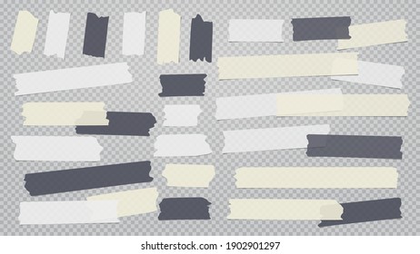 White, black, yellow different size adhesive, sticky, masking, duct tape, paper pieces are on grey transparent, squared background