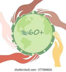 White, black and yellow hands saving green planet in the form of clocks