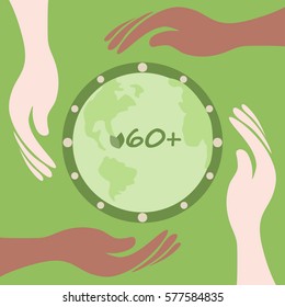 White, black and yellow hands saving green planet in the form of clocks