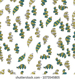 White, black and yellow on colors. Tender fabric pattern. Vector. Doodles pattern. Seamless Abstract interesting background.