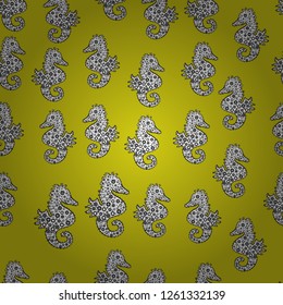 White, black and yellow Sea horse hippocampus watercolor illustration on white, black, yellow background. Vector. Fantasy cute illustration. Nice seamless pattern for boys, girls, clothes, wallpaper.