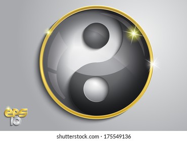 White and black yin yang sign on a gray background in the glass