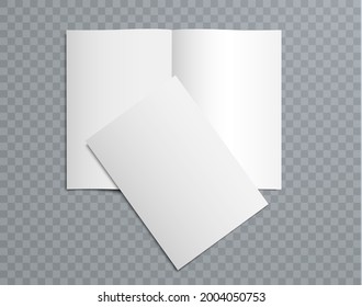 White blank 3D brochure on transparent background. Mockup flyer, booklet for the presentation of the cover of the report. Vector illustration.