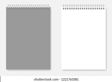 White blank A6 size wire bound notebook template: page and grey cover. Spiral clear notepad vector mock up