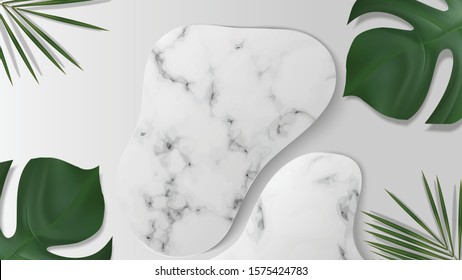 White Blank abstract shape marble template in white background on top view. decor by palm leaves. for product, sale, banner, presentation, cosmetic, offer. copy space. Realistic illustration Vector