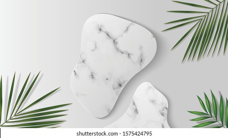 White Blank abstract shape marble template in white background on top view. decor by palm leaves. for product, sale, banner, presentation, cosmetic, offer. copy space. Realistic illustration Vector