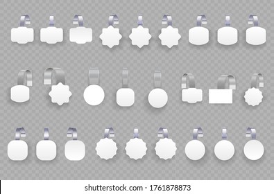 White blank advertising wobblers isolated on transparent background. 3D blank white round wobbler. Concept for promotion sales, supermarket price tag. Square labels for paper sale. Vector illustrtaion
