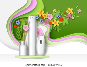 White Blank Air Freshener Packaging Bottle, Aroma Stick Mockup Set On Display Podium, Paper Cut Floral Background, Vector Illustration. Air Freshener Household Chemical Ads Template.